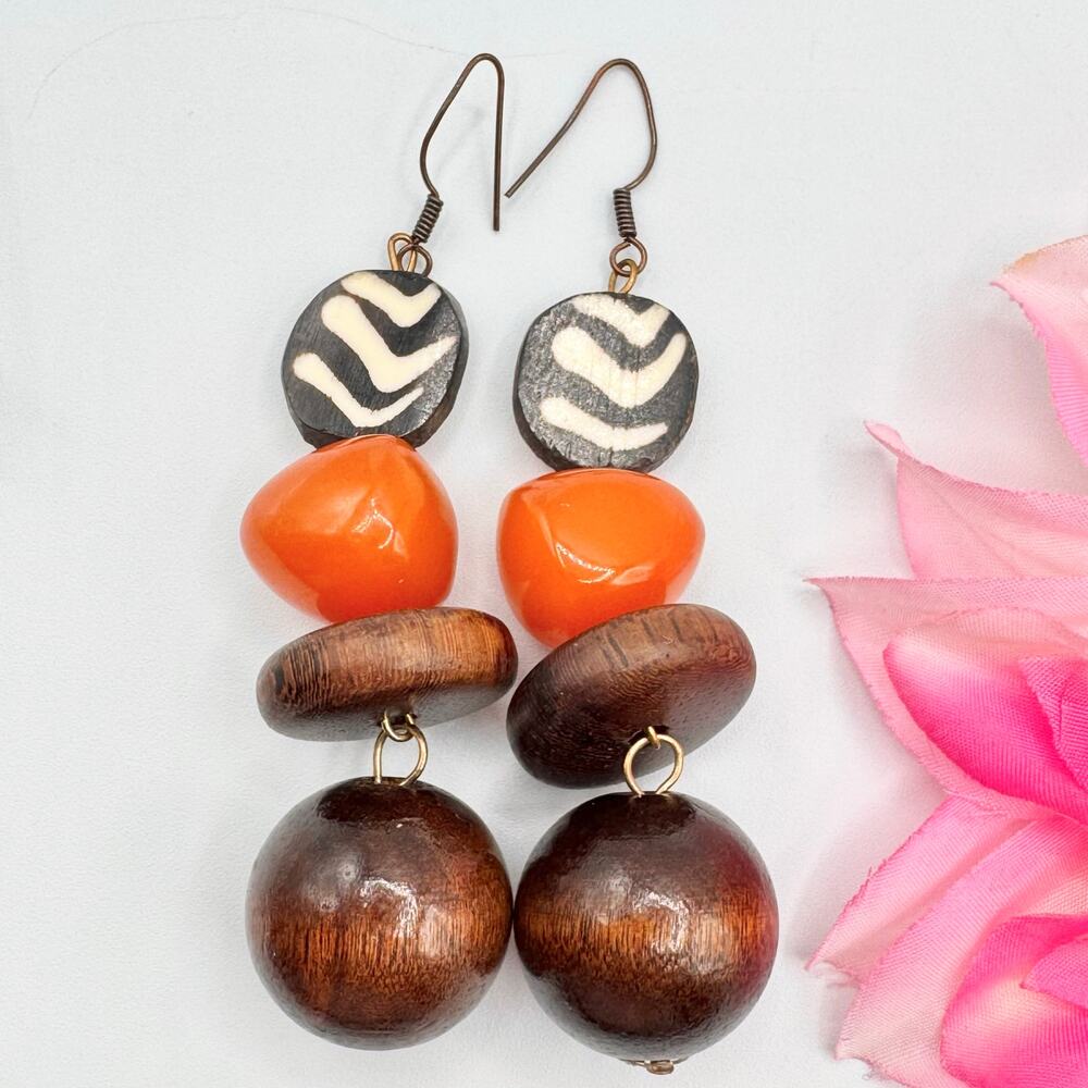 African Tribal Style Chunky Wood Orange Lucite Dangle Earrings Big Statement